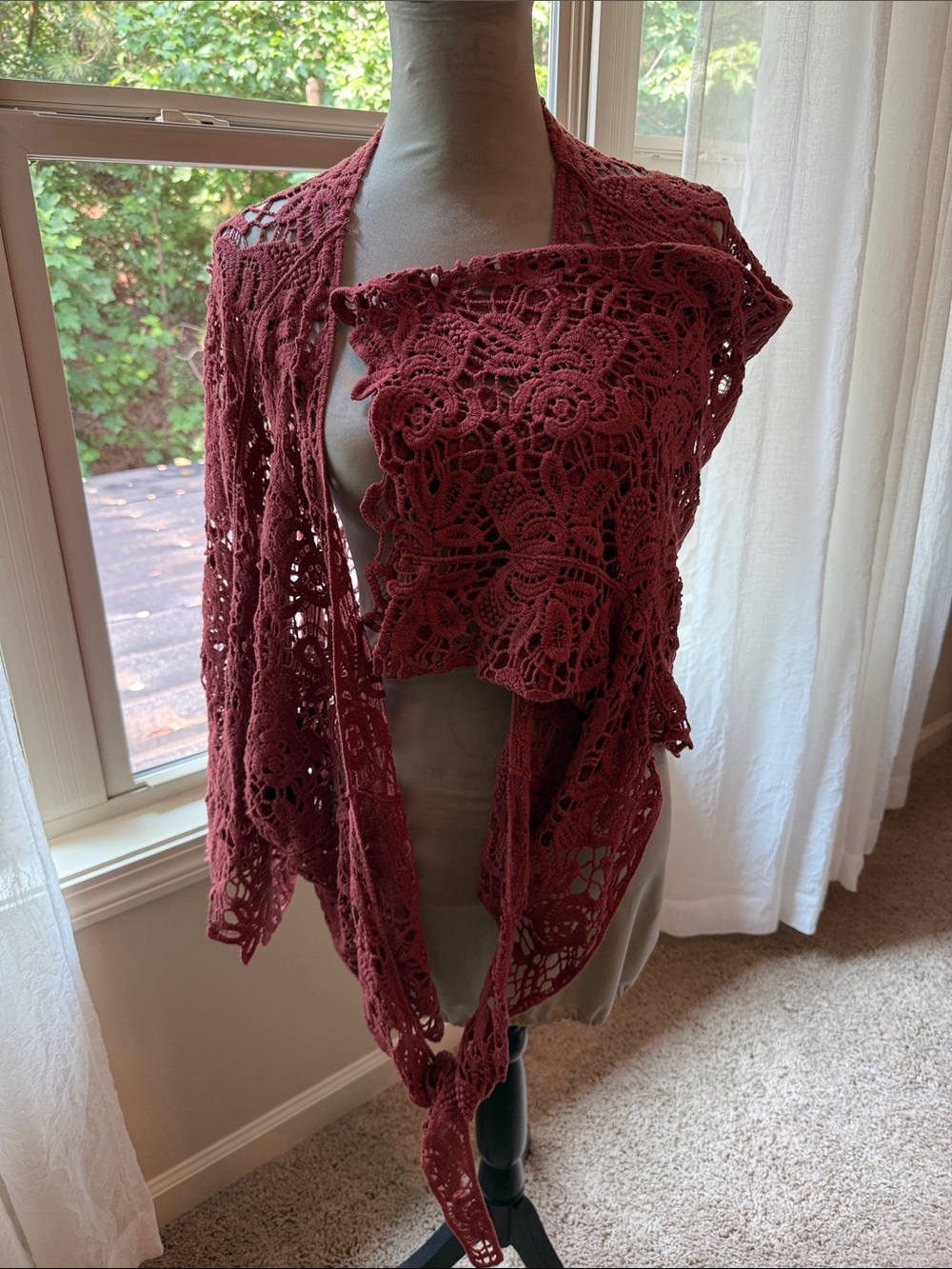 Crochet Lace Open Front Cardigan in Deep Brick Red